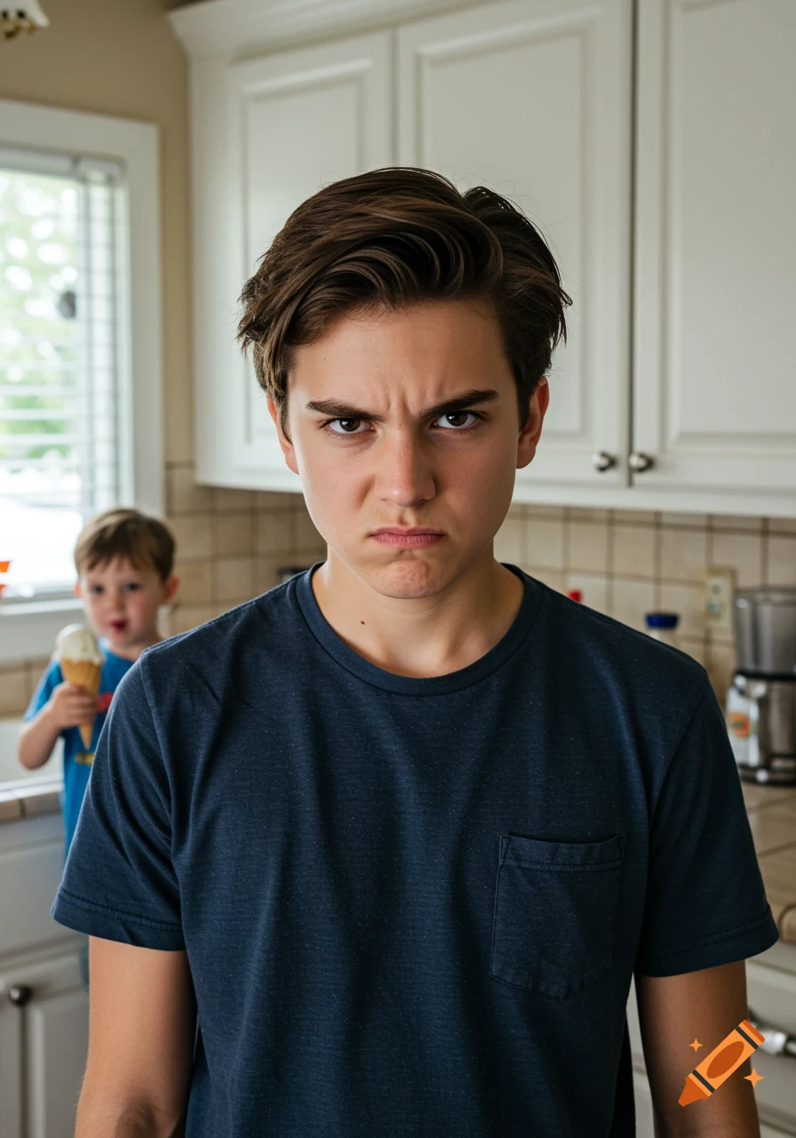 An angry teenage boy stands in a kitchen with a younger boy holding ice cream in the background.