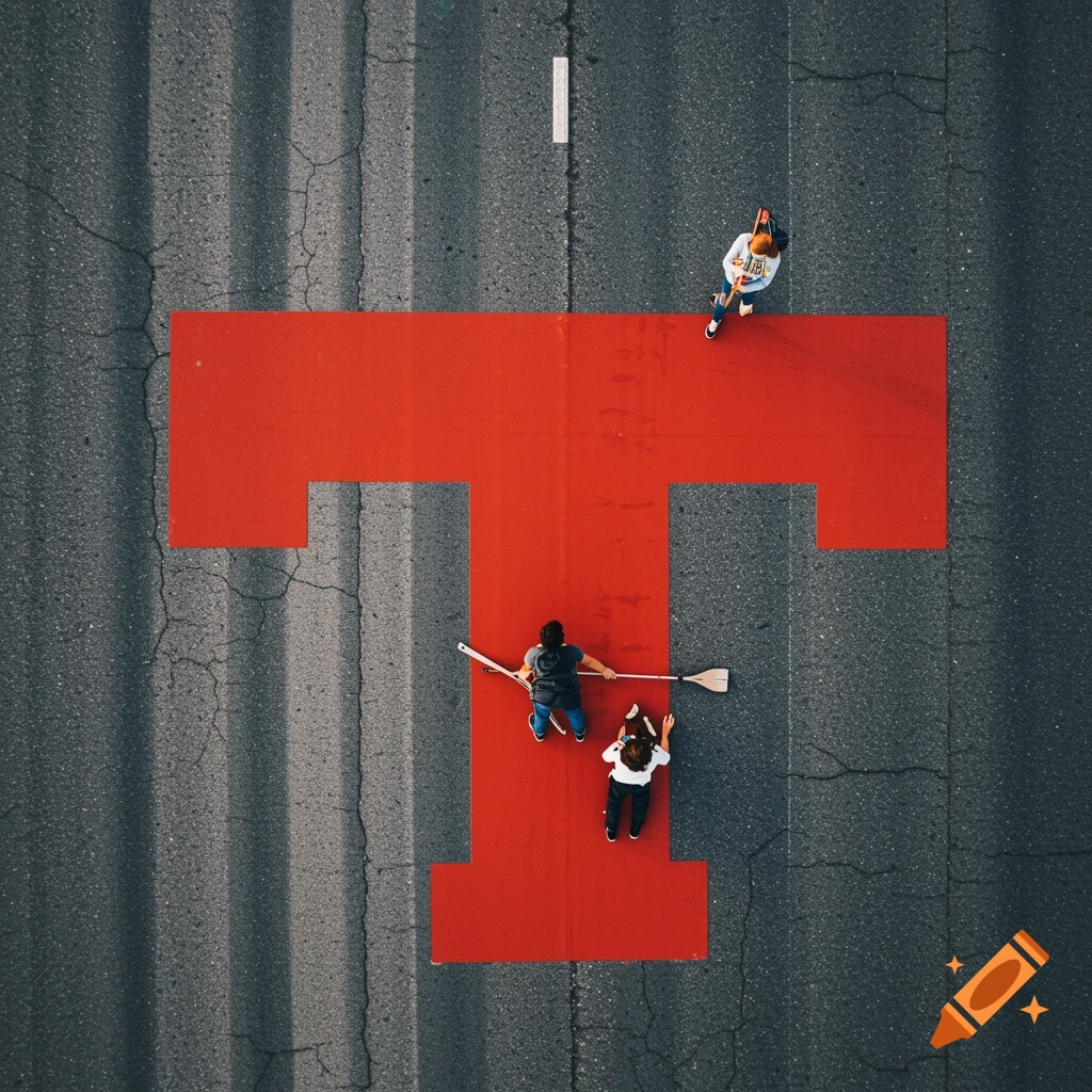 Aerial view of people with a skateboard and paddles on a road with a large red T painted on it.