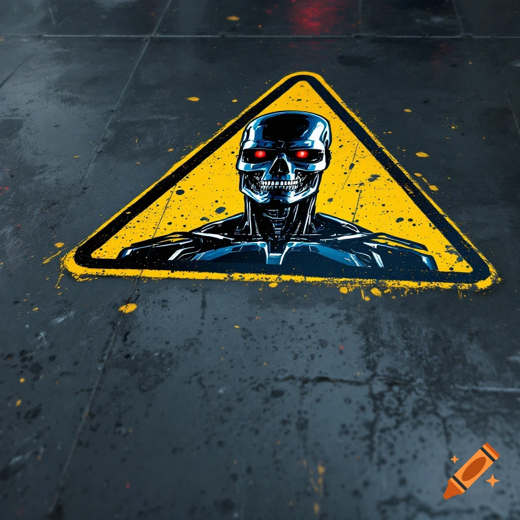 A yellow warning sign on a wet floor depicts a metallic robot skull with red eyes.