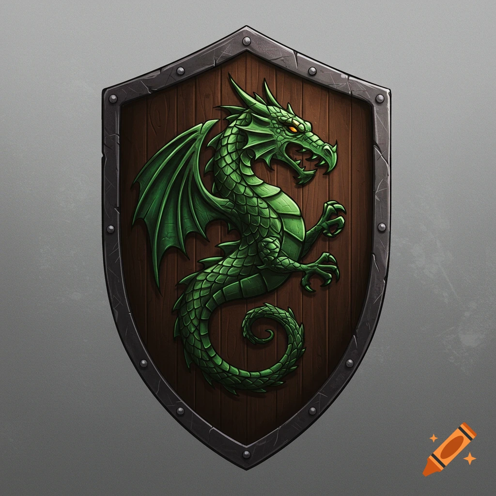 A fantasy shield with a green dragon emblem.