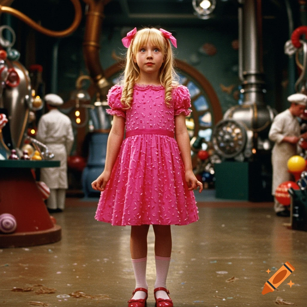 A young girl with blonde pigtails in a pink dress stands in a factory.
