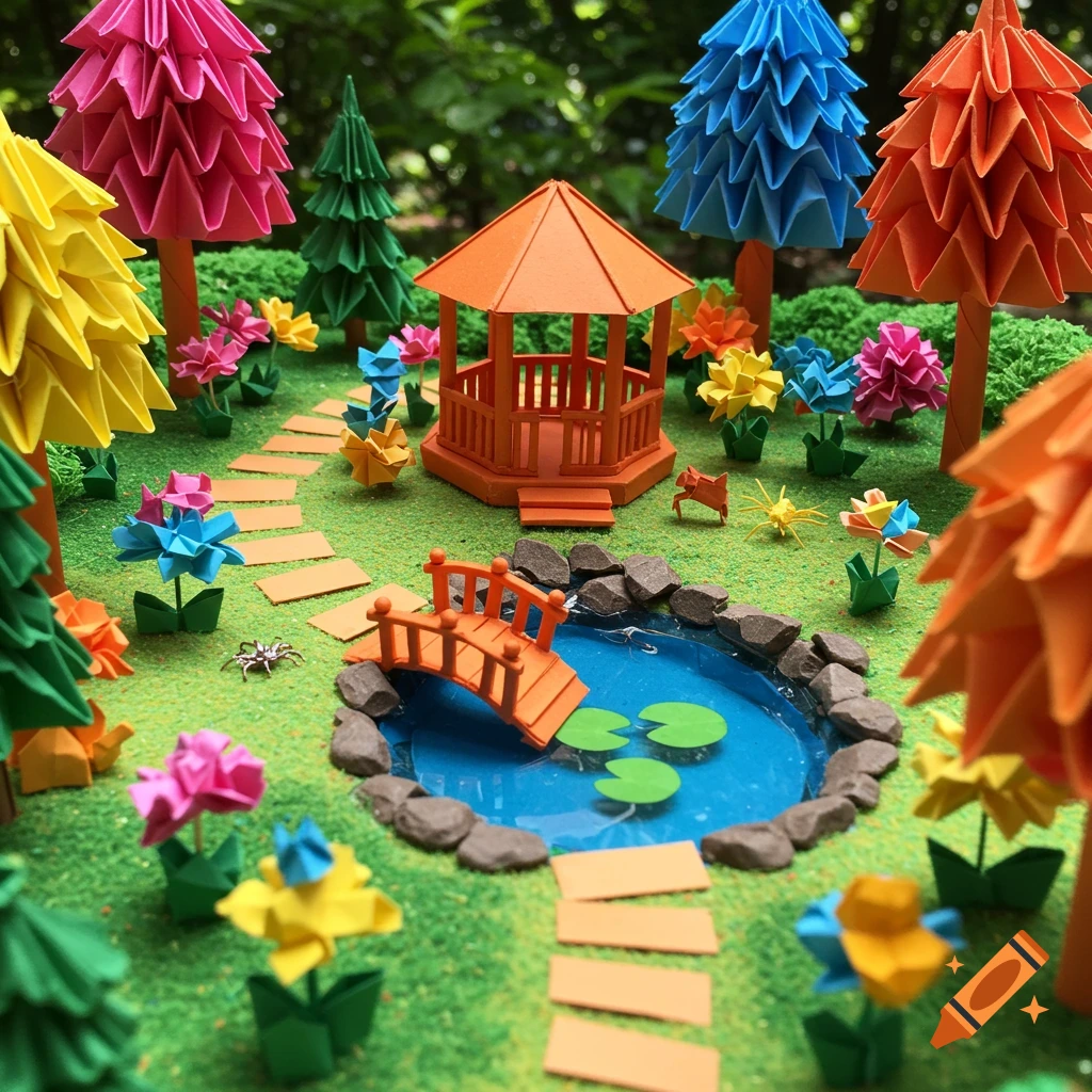 A colorful miniature origami garden with trees, flowers, gazebo, pond, path, cat, spider, and fish.