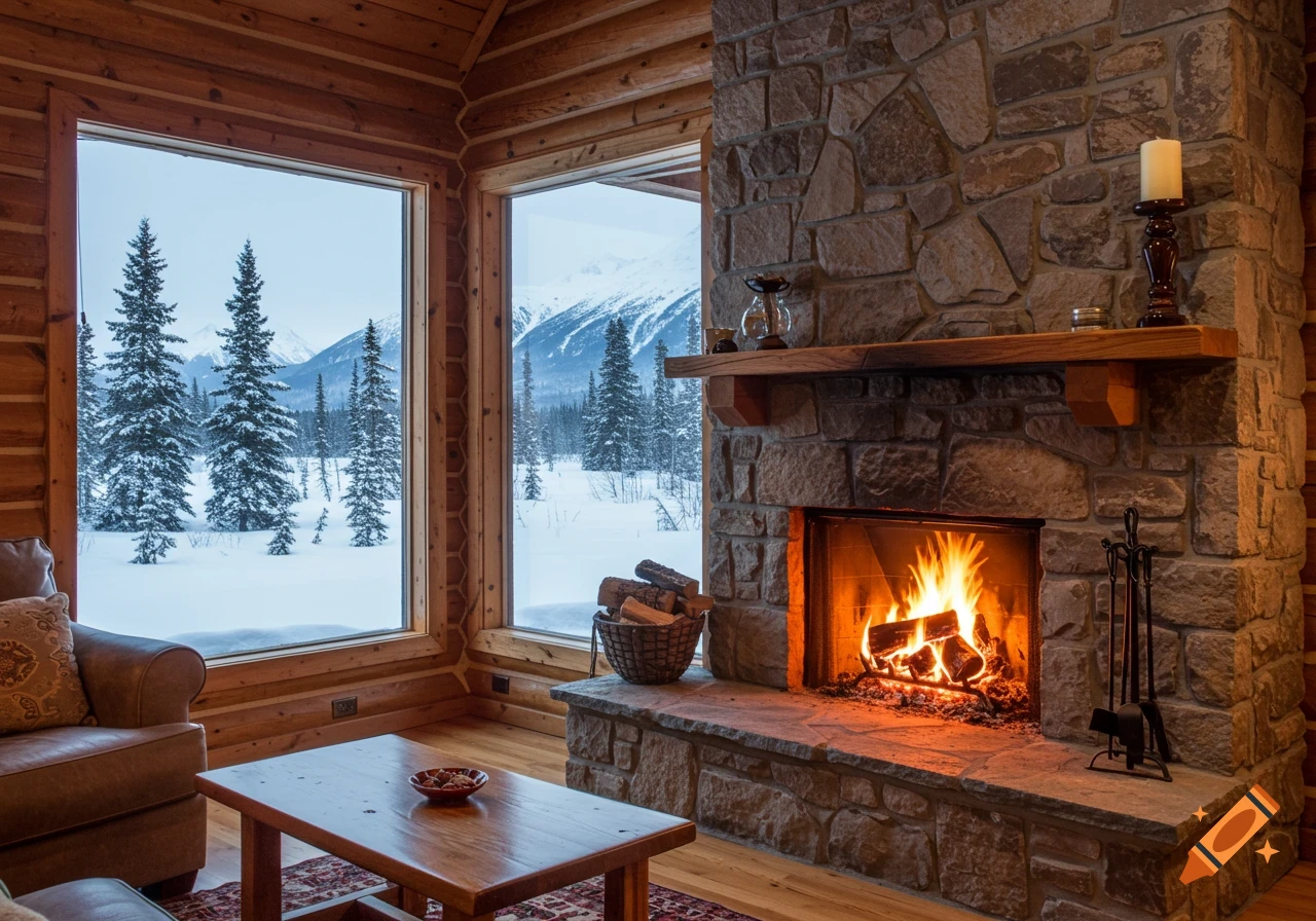 Cozy log cabin interior with a lit fireplace and large windows looking out at a snowy mountain landscape and trees.