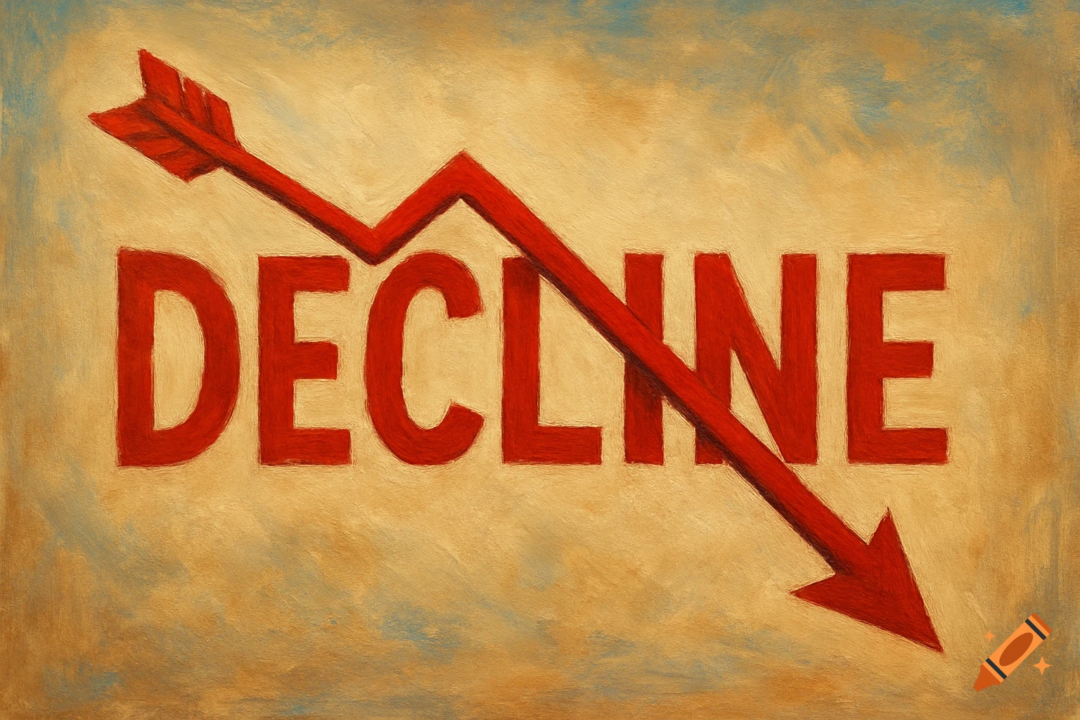 Red arrow pointing down through the word DECLINE with textured background.