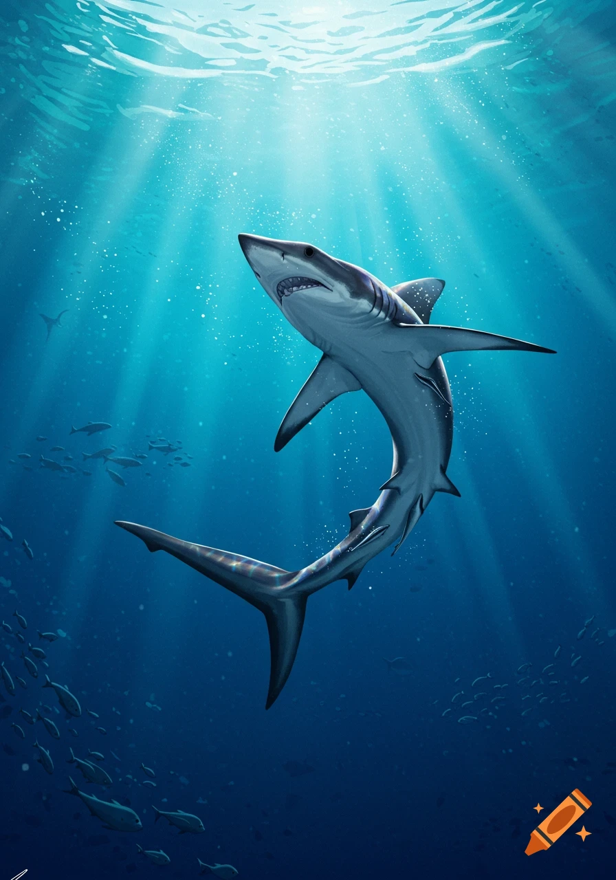 A thresher shark swims upwards through sunlit water.