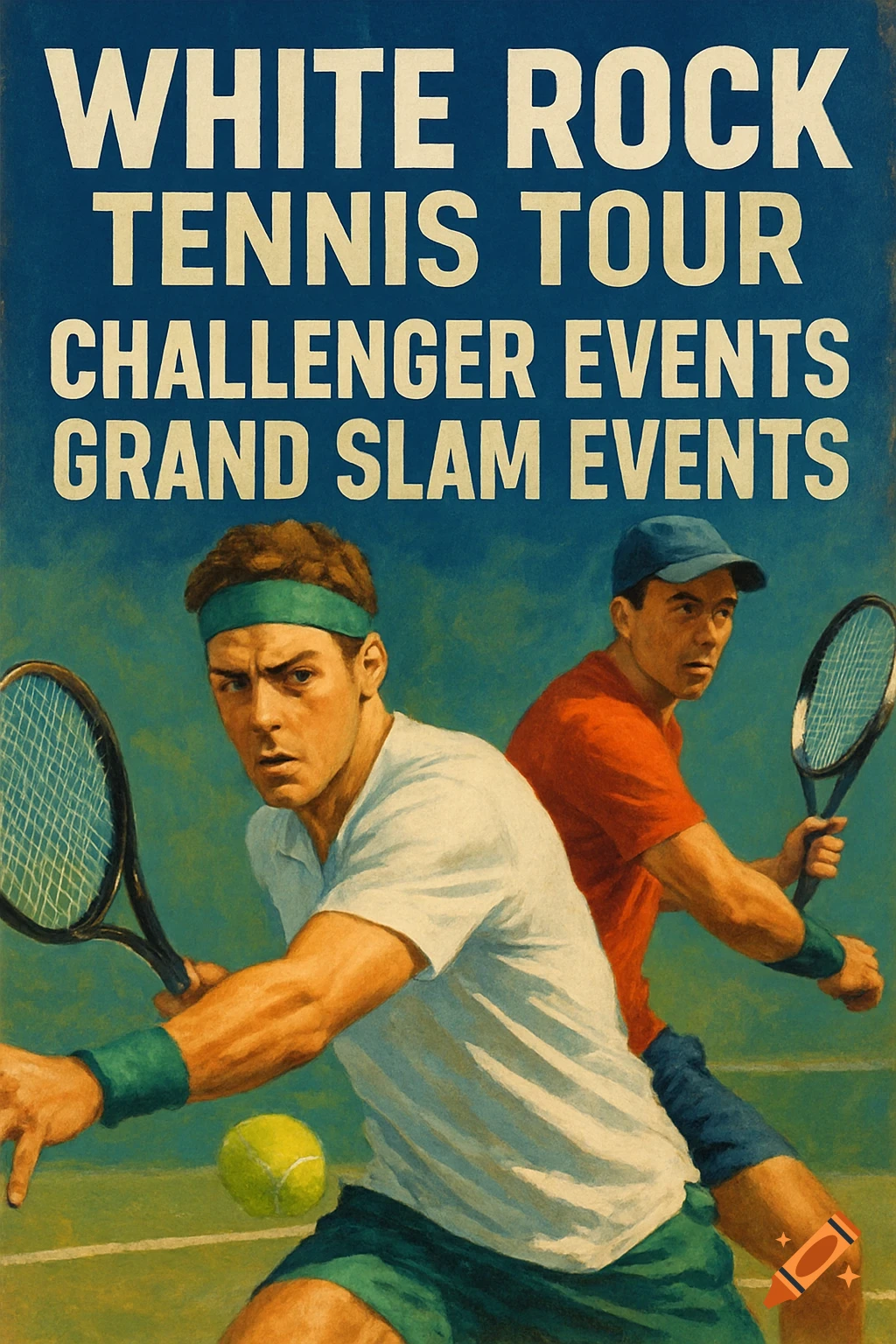 A poster featuring two male tennis players in action on a court with event text overhead.