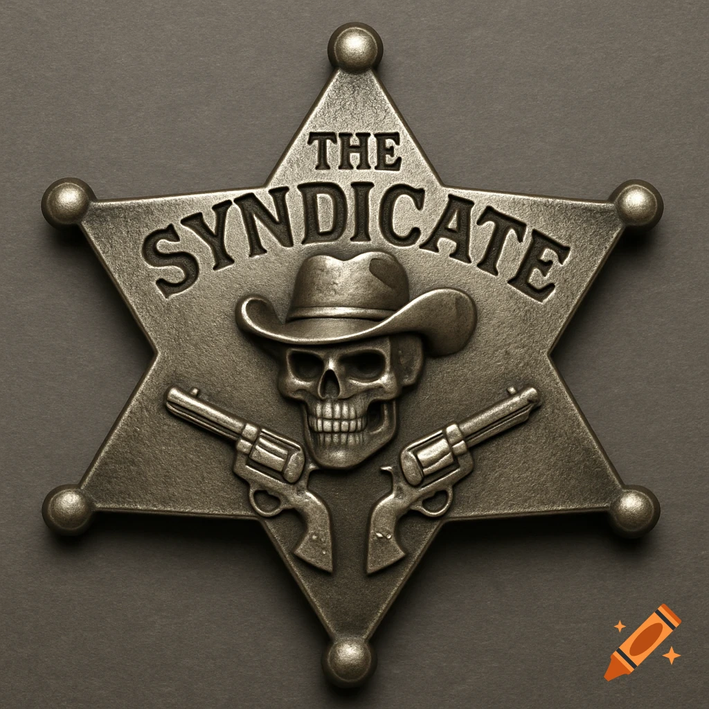 Detailed metal western badge with a skull in a cowboy hat, crossed revolvers, and 'THE SYNDICATE' text.