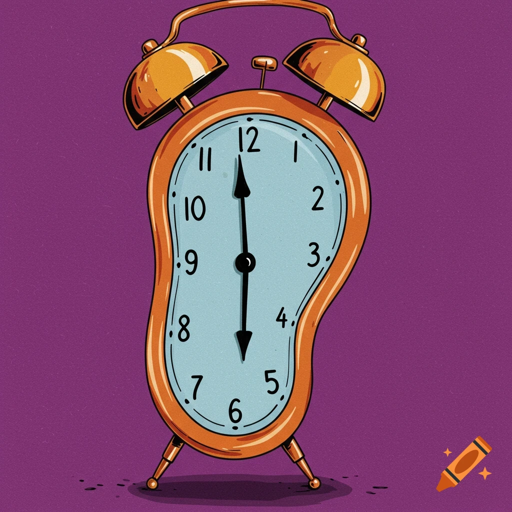 Illustration of a melting analog clock with alarm bells on a purple background.