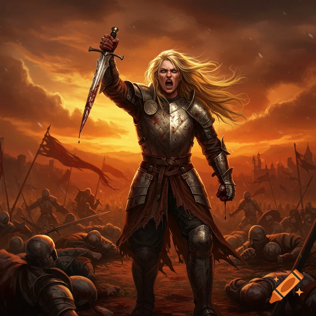 Female warrior with bloody sword on a battlefield at sunset, fantasy art.