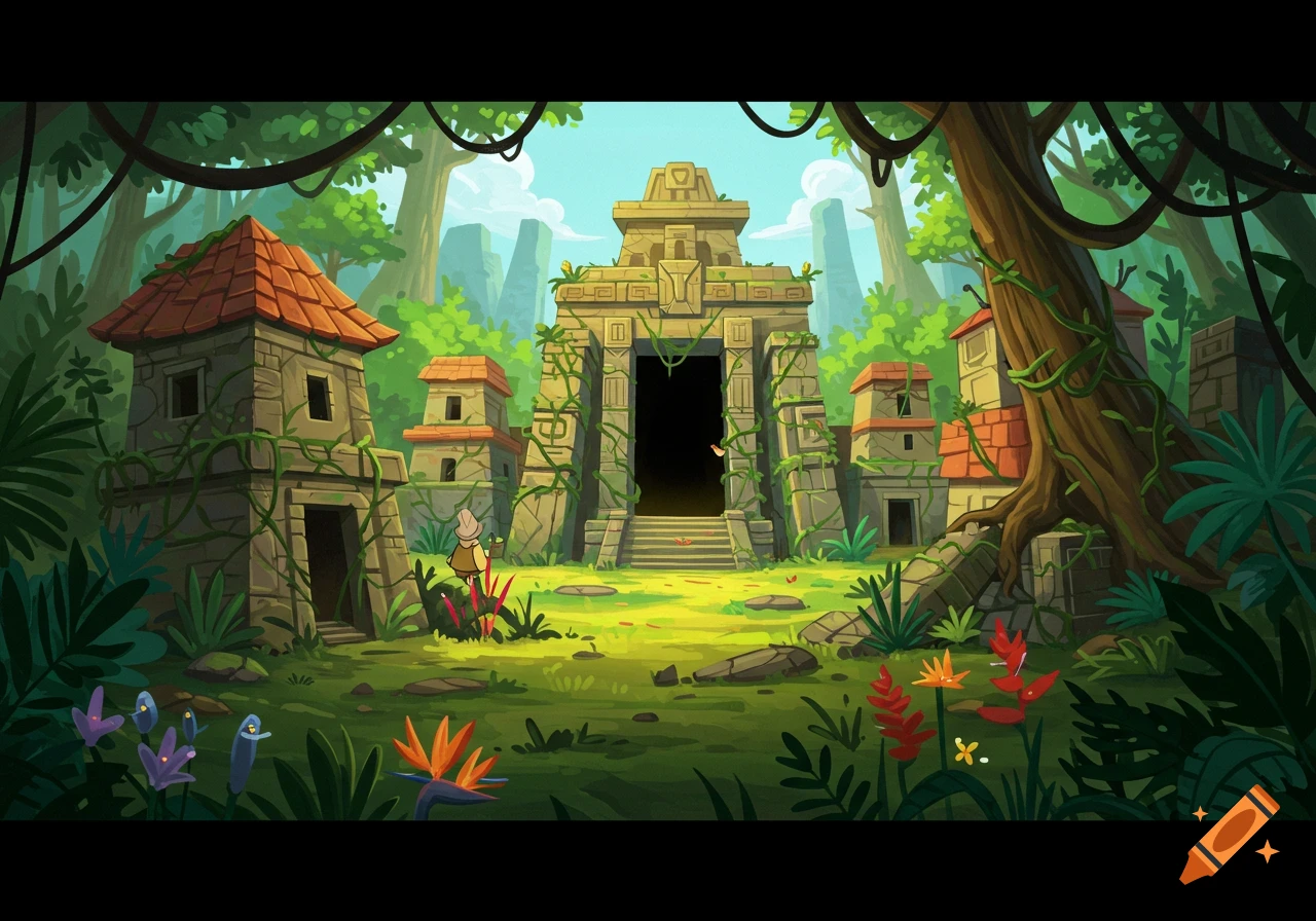 A cartoon drawing of ancient ruins in a lush jungle, with a small explorer character.