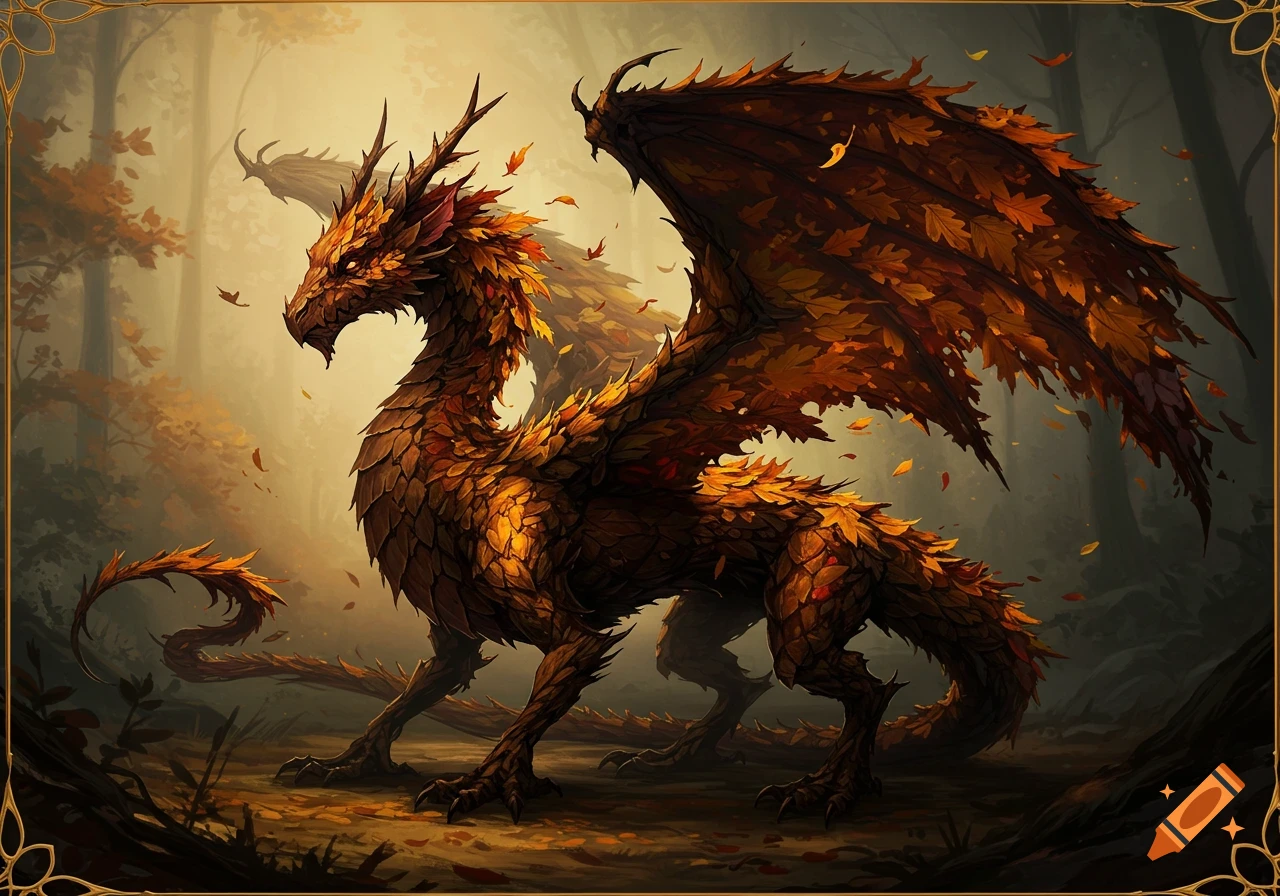 A fantasy dragon made of autumn leaves stands in a forest. on Craiyon