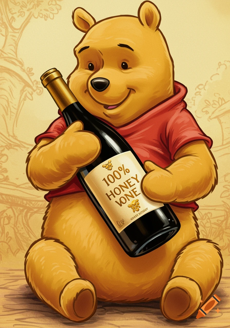 Illustration of Winnie the Pooh sitting and holding a bottle labeled 100% HONEY VONE.