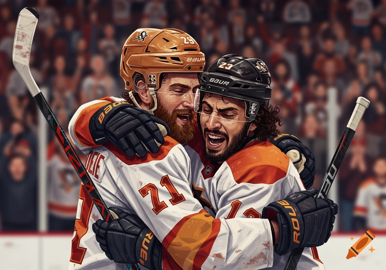 Two hockey players in uniform hug on the ice during a game