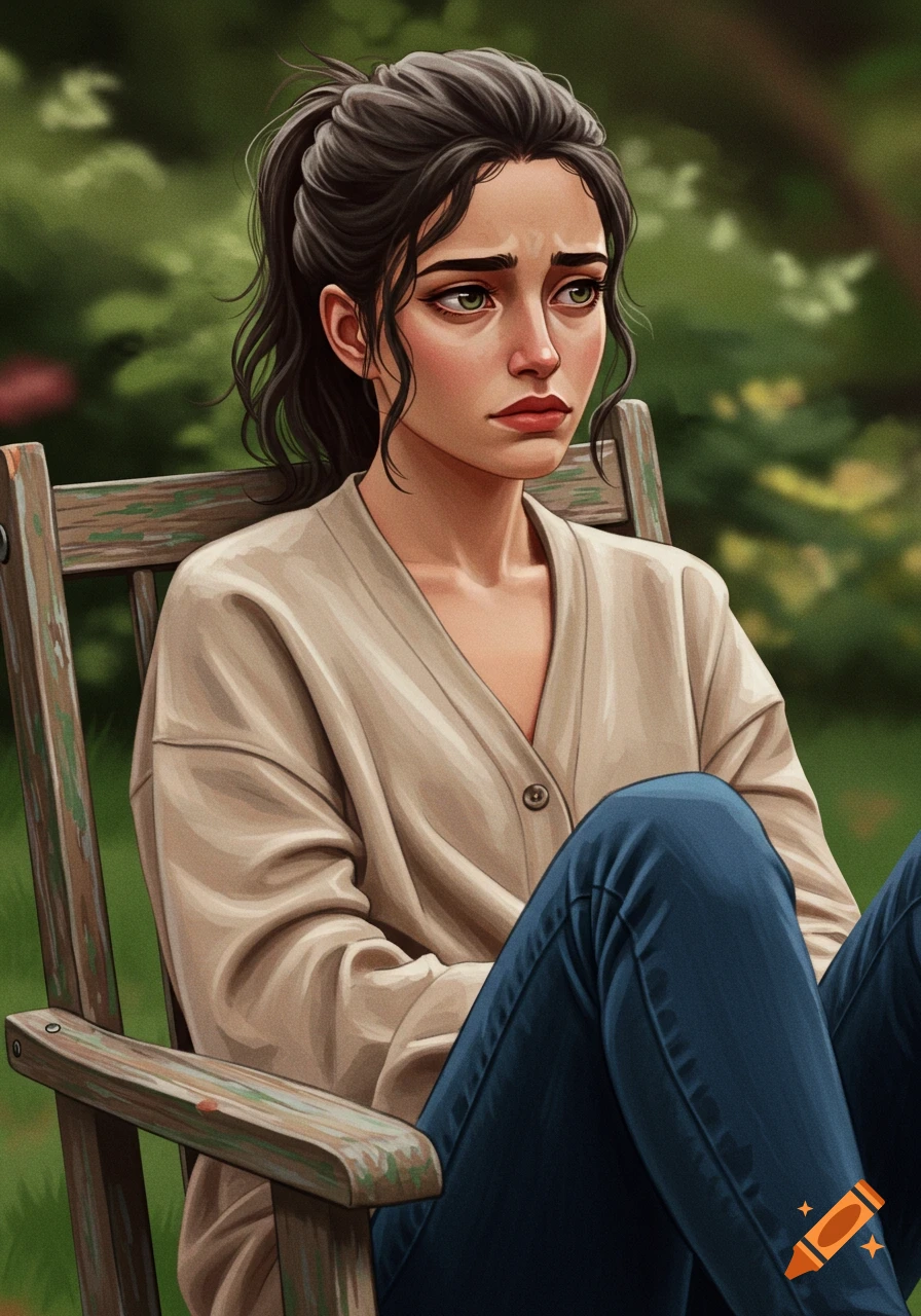 Digital illustration of a young woman sitting on a wooden chair outdoors, looking away with a pensive expression.