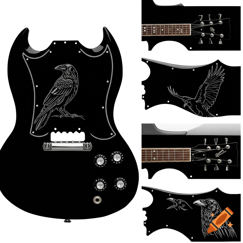 Black guitar pickguard and headstock designs with minimalist raven illustrations