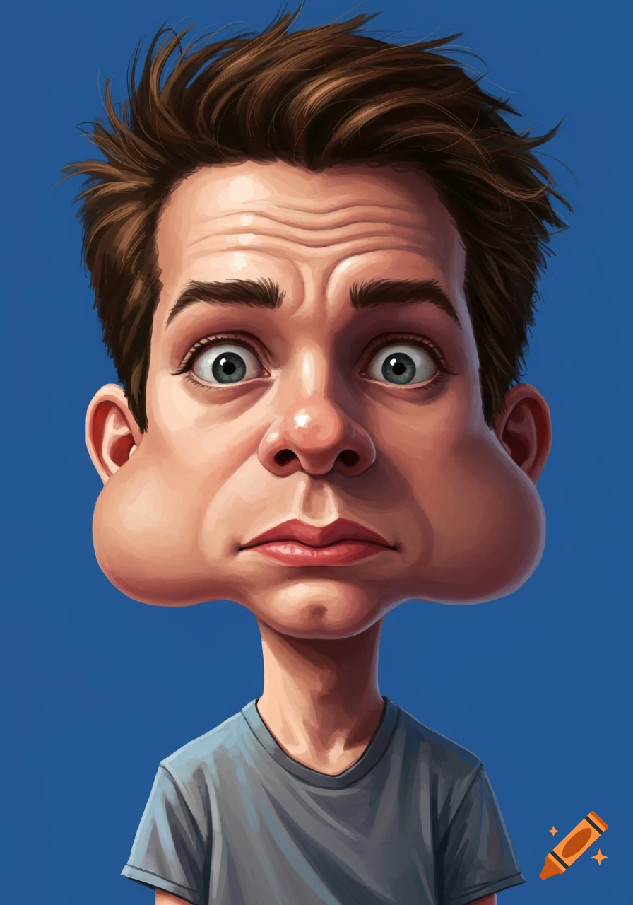 Digital painting caricature portrait of a man with a giant forehead and puffed cheeks against a blue background.