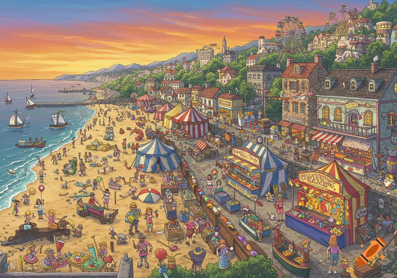 A detailed illustration of a crowded beach and seaside town promenade with a carnival featuring stalls, rides, and many people enjoying the sunset.