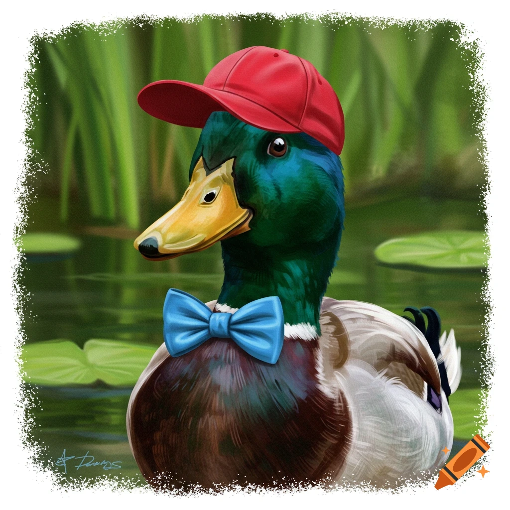 Illustration of a mallard duck wearing a red baseball cap and a blue bowtie, floating in a pond with lily pads.