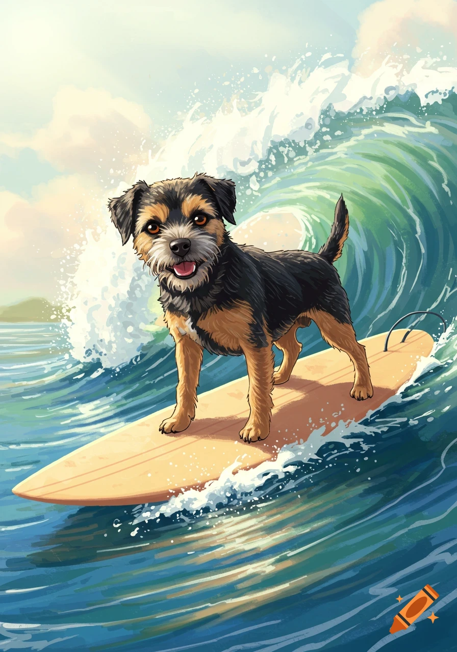 Illustration of a Border Terrier dog surfing on a wave.