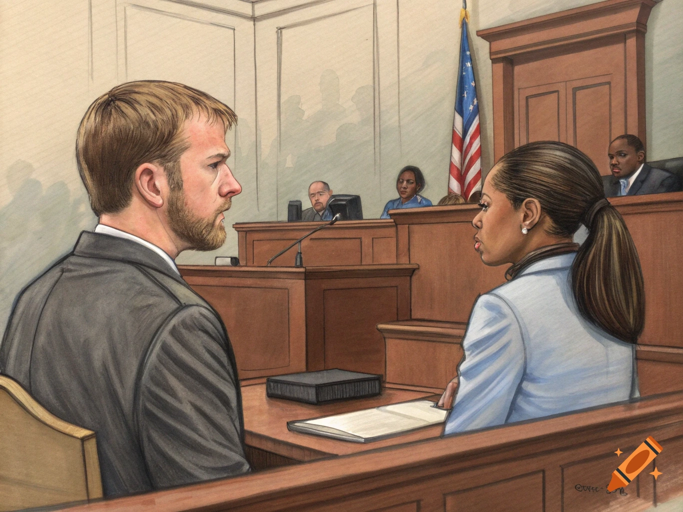 Courtroom sketch of two people facing each other during a trial
