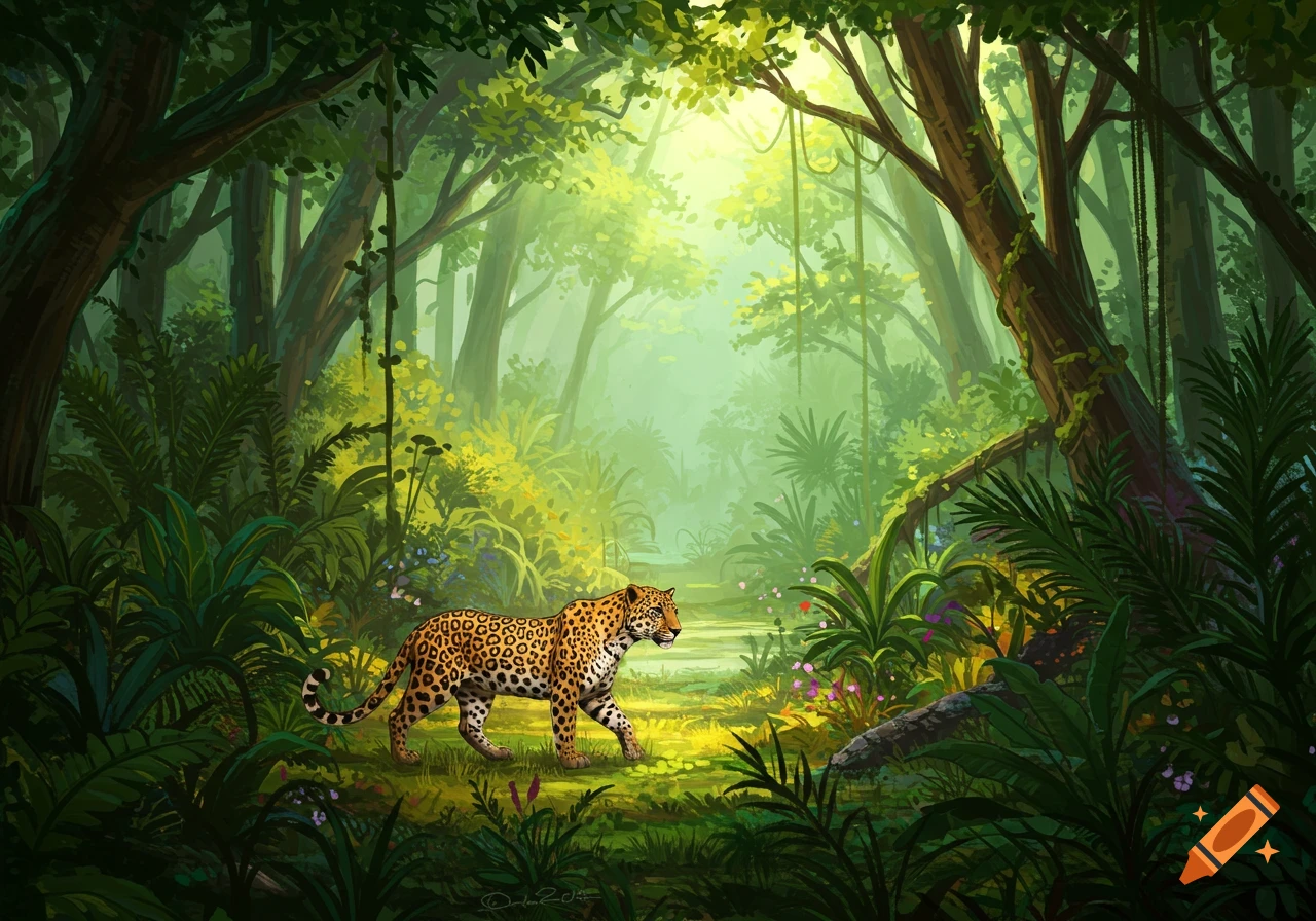 An illustration of a leopard walking through a lush, sunlit rainforest.