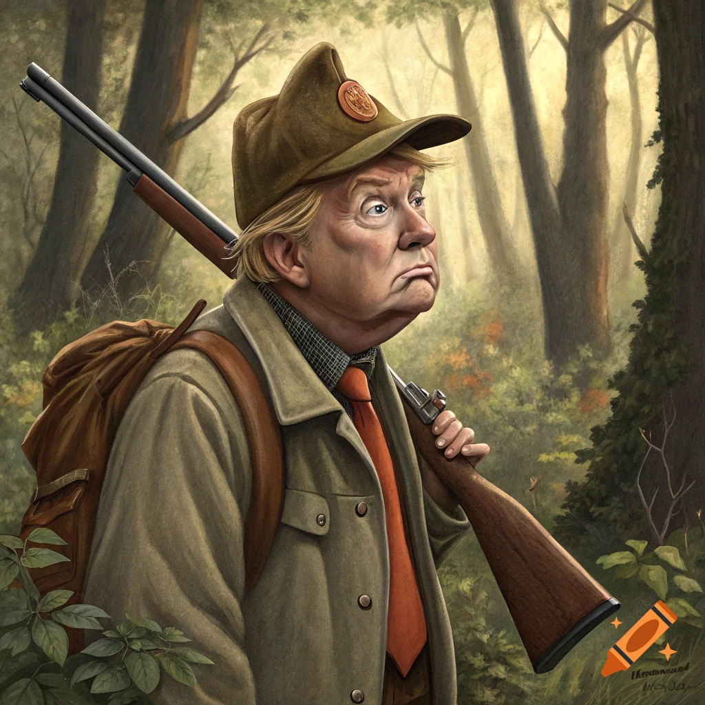 Caricature of Donald Trump dressed as a hunter in a forest, holding a rifle.