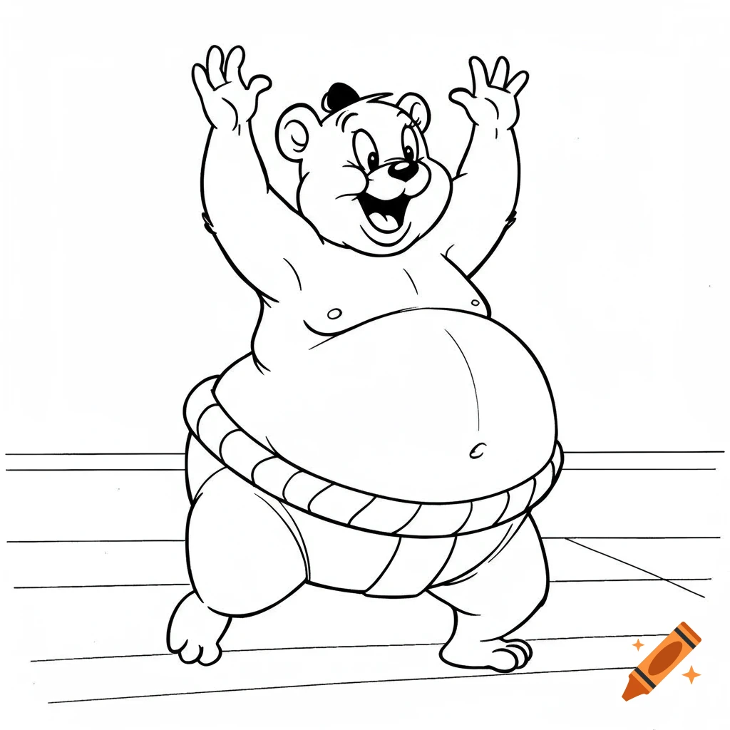 A black and white cartoon line drawing of a bear dressed as a sumo wrestler, standing with arms raised.
