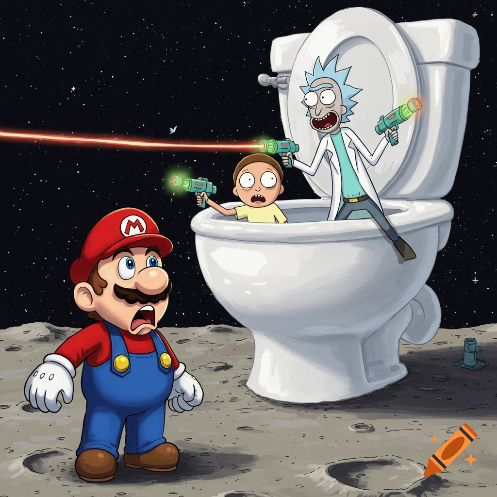 Mario looks surprised as Rick and Morty shoot lasers from a toilet on the moon.