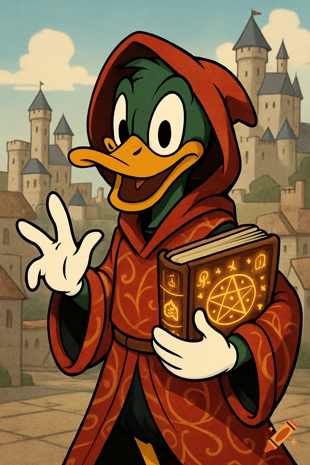 Cartoon duck mage in red robe holding glowing rune book before castle city.
