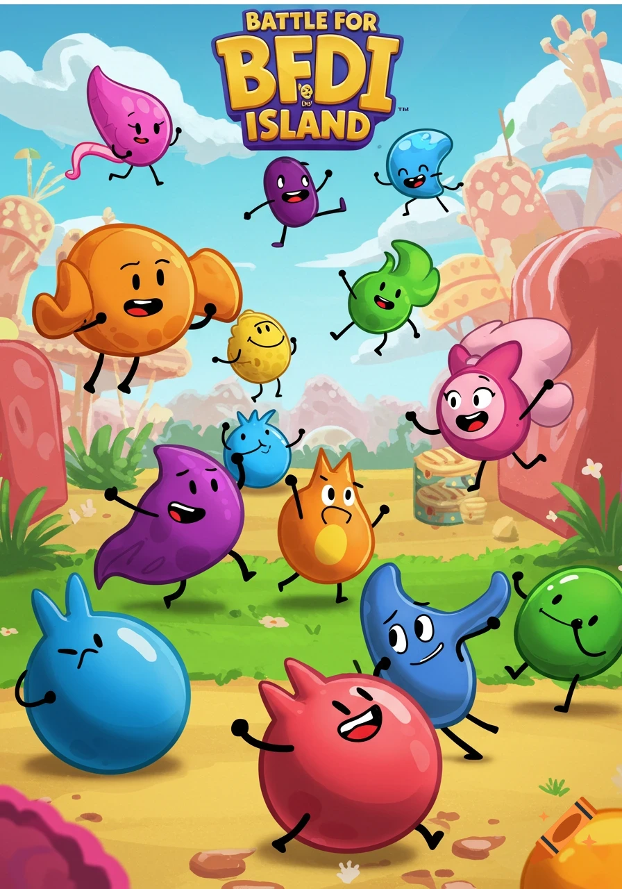 Many colorful cartoon characters with limbs bounce and smile in a bright landscape with text "BATTLE FOR BFDI ISLAND".