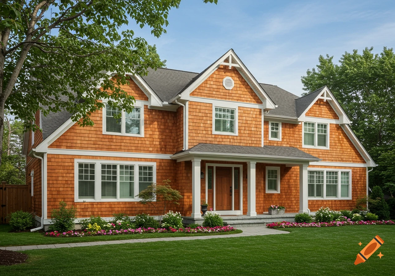 A two-story house with orange cedar shake siding, white windows, and white trim, viewed from the front lawn.