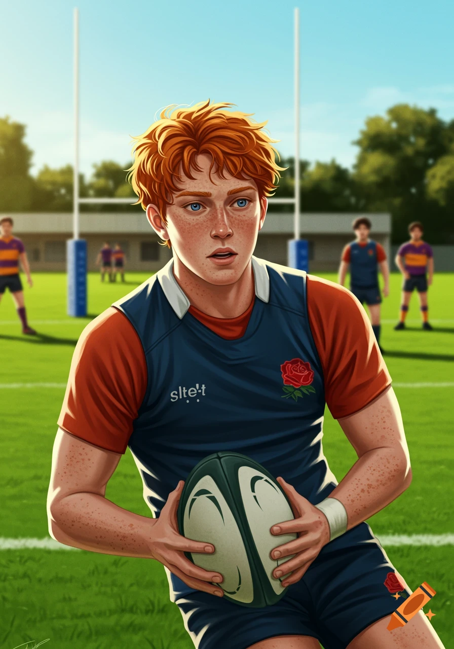A ginger teenager holds a rugby ball on a sunny field with teammates in the background, illustration.