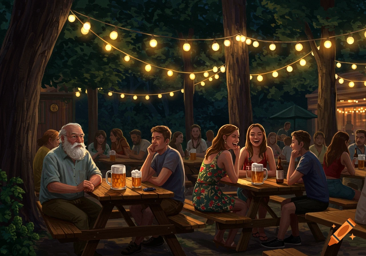 People sit at picnic tables outside at night, drinking beer under string lights.