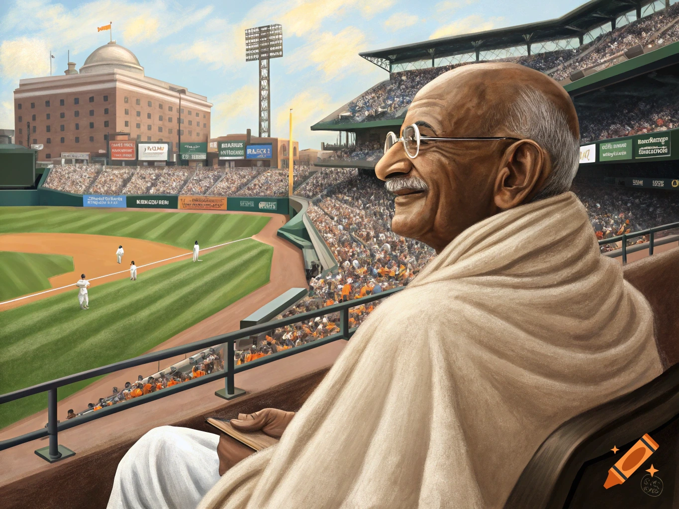 Portrait of Mahatma Gandhi watching a baseball game from the stands.