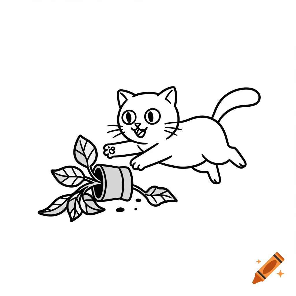 A simplistic black and white drawing of a happy cat knocking over a potted plant.