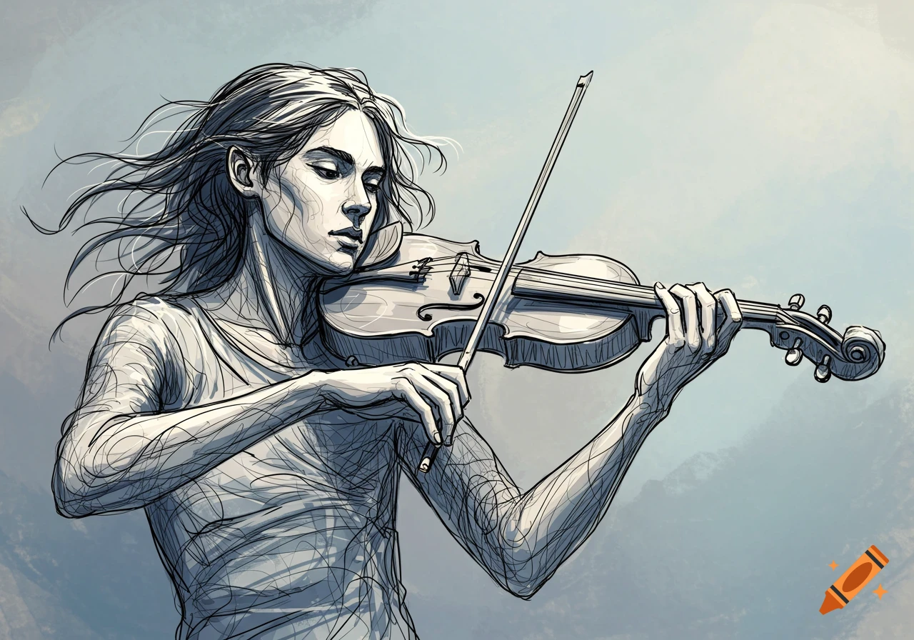 Line drawing of a person with flowing hair playing a violin.