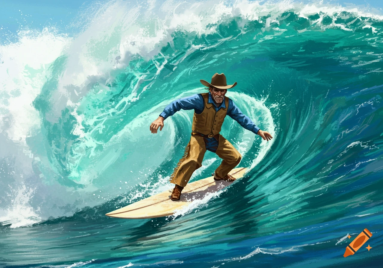 An illustration of a cowboy surfing a large ocean wave.