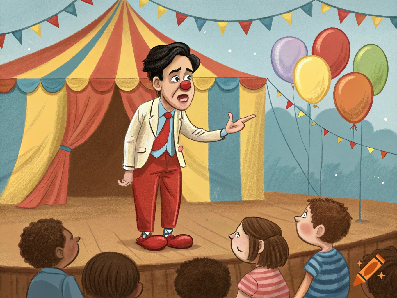 An illustration of a clown on a stage talking to children, with a circus tent and balloons behind him.