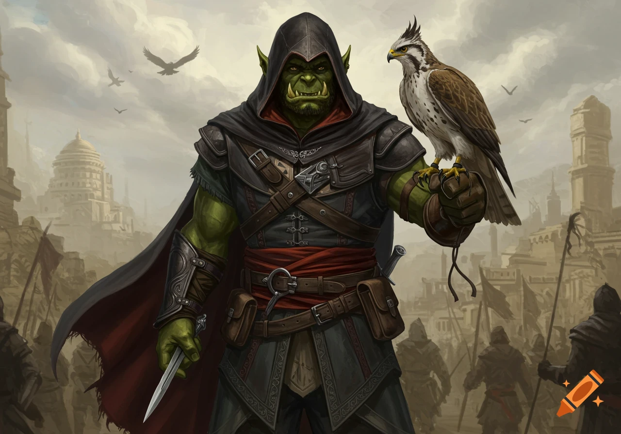 A fantasy illustration of an orc in a hooded assassin outfit with a hawk on his arm, standing in a dusty city.