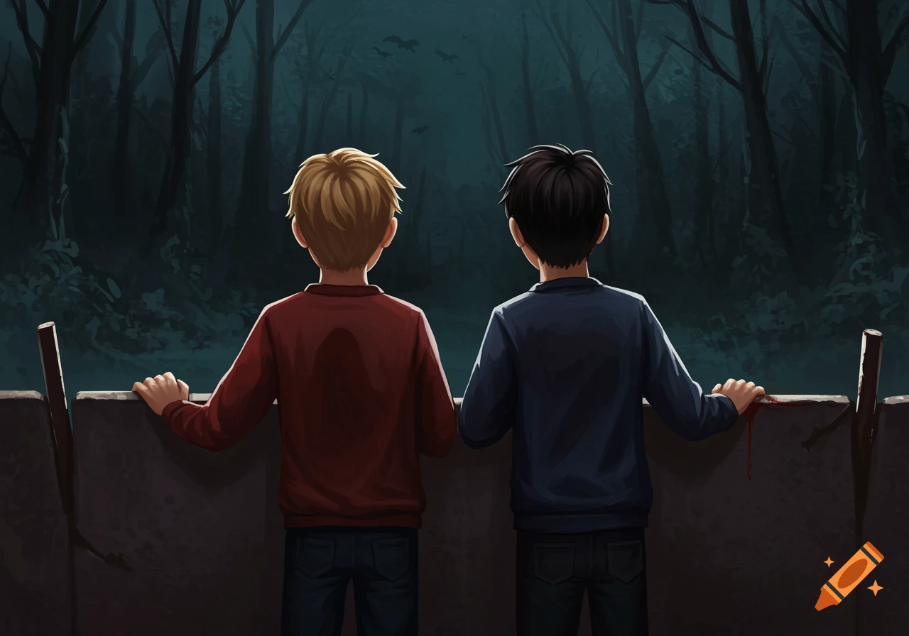Two boys look out over a low wall into a dark forest, with blood and a bat visible on the wall.
