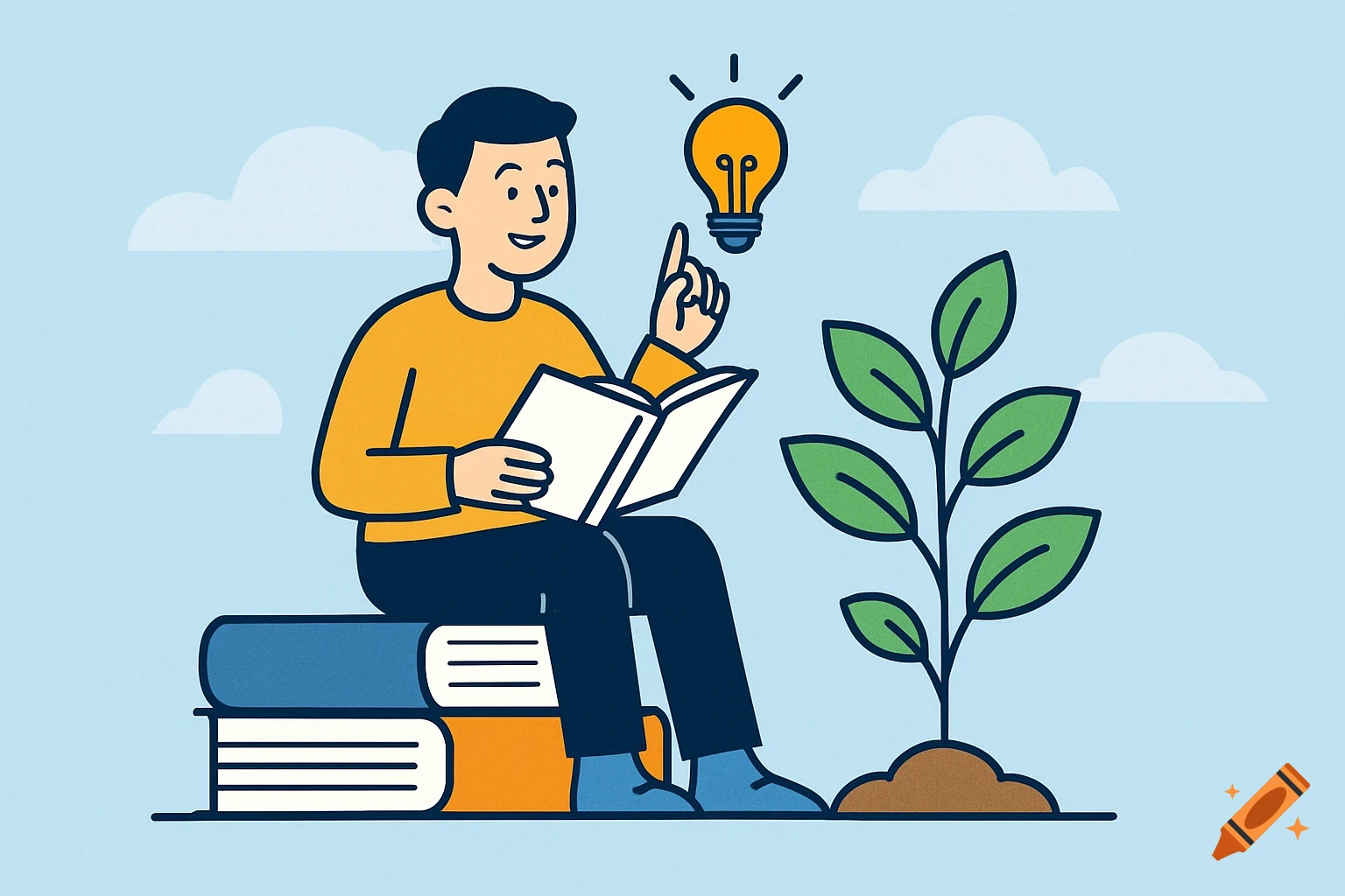 Illustration of a person reading on books with a plant and lightbulb