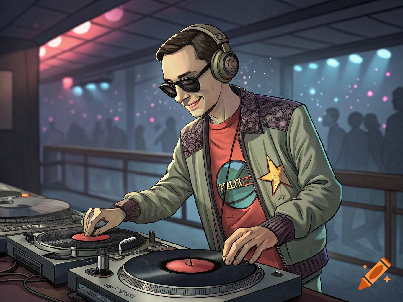 An illustration of a man resembling Sheldon Cooper DJing vinyl records in a club.