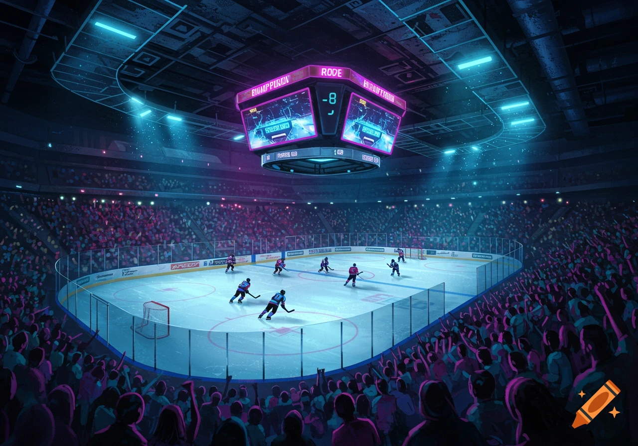 Hockey game in a dark, neon-lit arena with spectators and a large scoreboard.