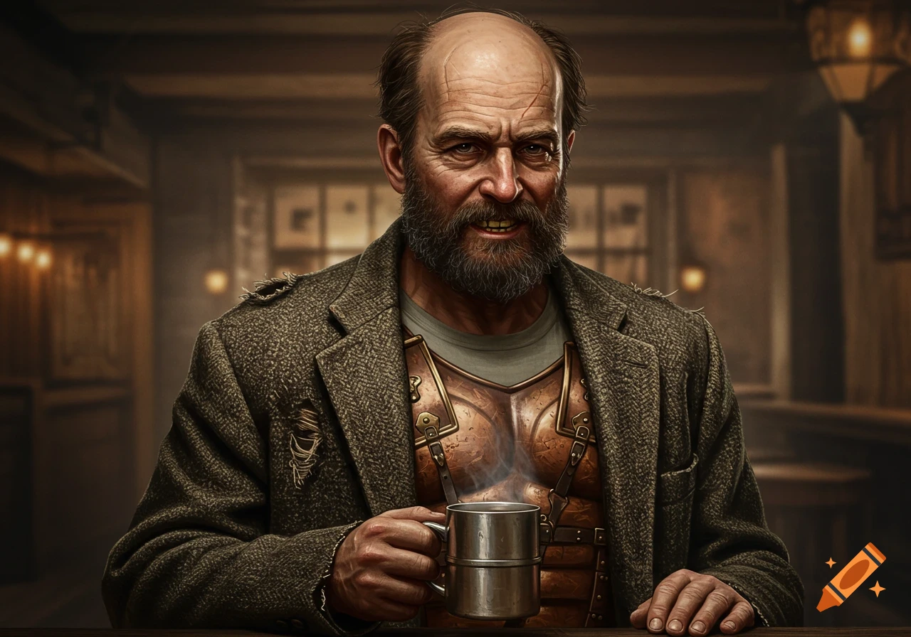 A bearded man with thinning hair wears a tweed jacket over armour and holds a mug in a tavern.