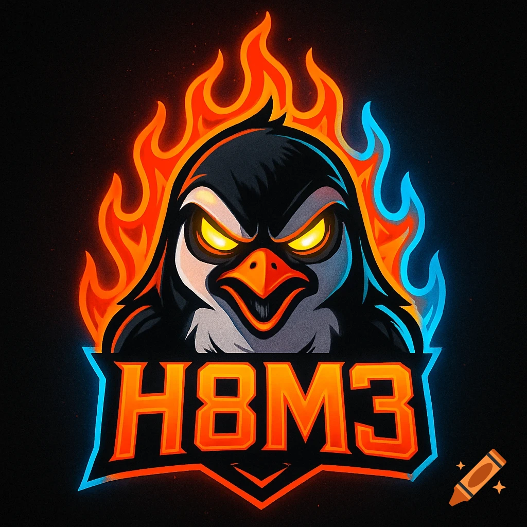 Angry cartoon penguin esports logo with glowing yellow eyes, surrounded by orange, red, and blue flames, with the text 'H8M3' below.