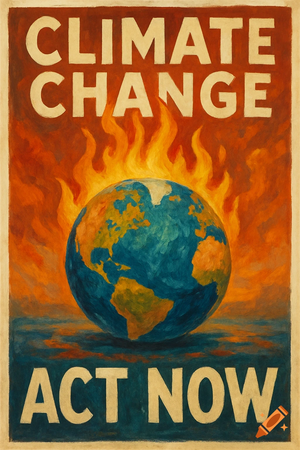 A painted poster shows the Earth burning with the text "CLIMATE CHANGE ACT NOW".