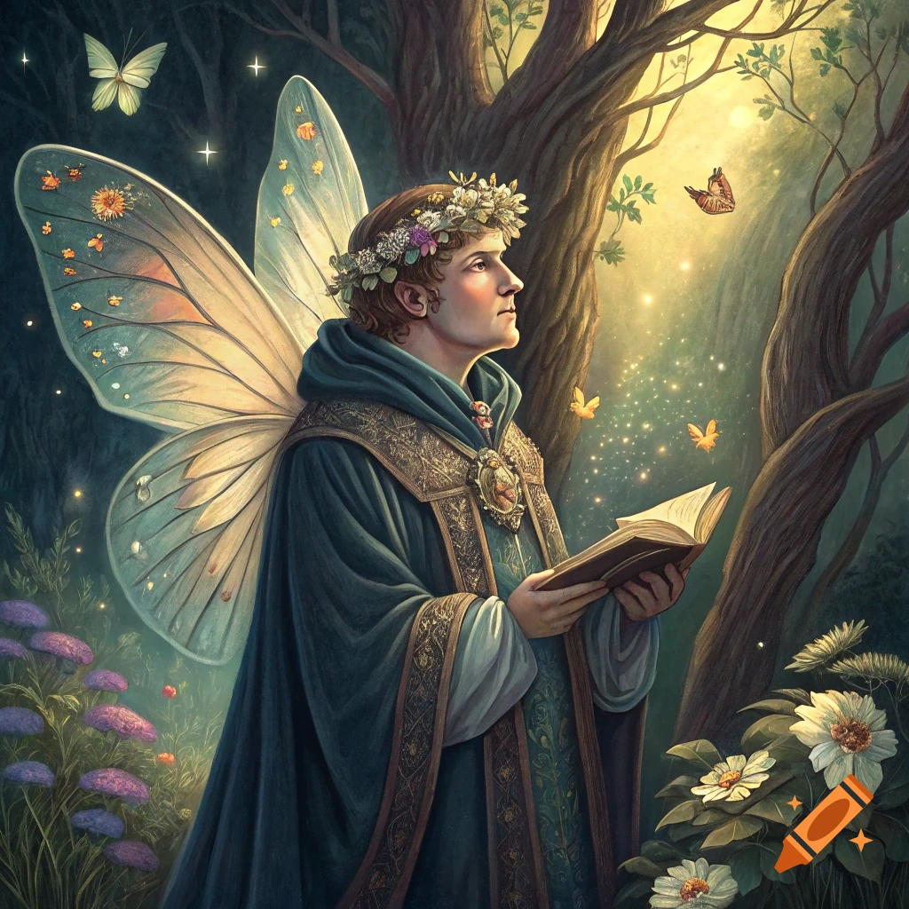 Fantasy figure with wings and floral crown holding a book in a magical forest.
