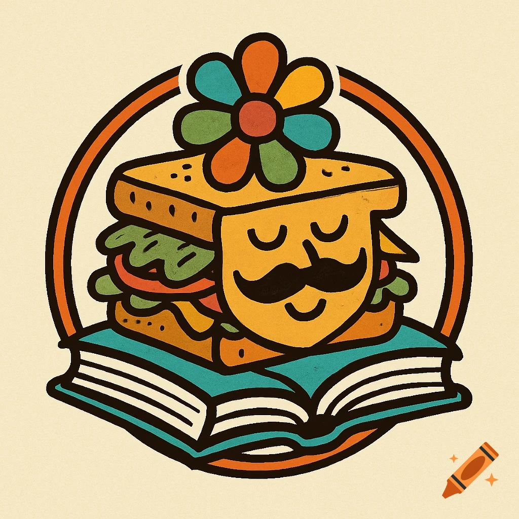 A stylized illustration of a sandwich character with a mustache and flower on top sitting on a book, inside a circle.