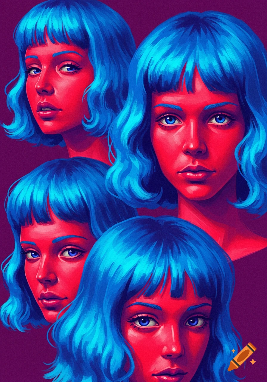 Multiple portraits of women with red faces and bright blue hair, graphic art style