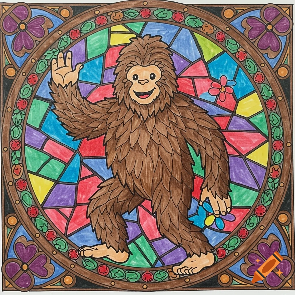 Cartoon Bigfoot in a stained glass coloring page style